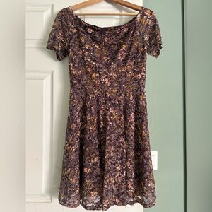 Xhilaration Plum Lace Floral Dress with Mustard and Pink Accents